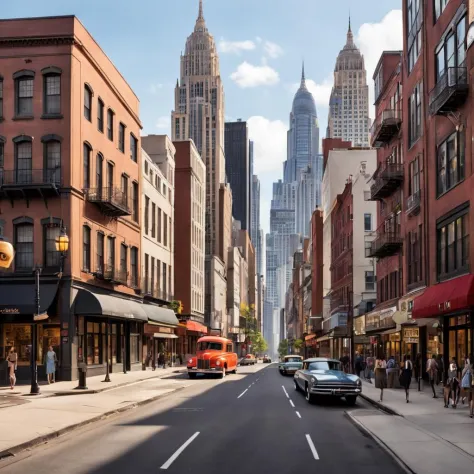 a 60s city street filled with lots of tall buildings, retro, a detailed matte painting by Richard Estes, featured on cgsociety, ashcan school, matte painting, matte drawing, cityscape