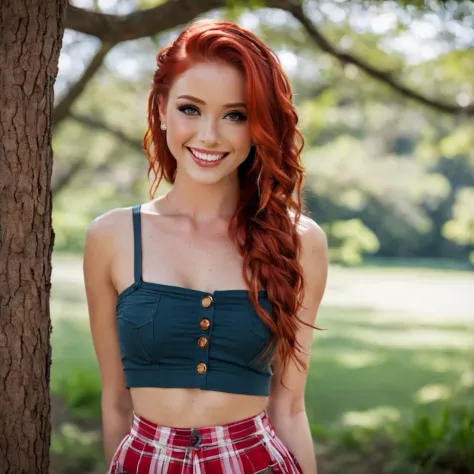 masterpiece, best quality, gorgeous pale american cute girl, smiling, (crop top), red hair loose braided hair, short polca skirt, lean against a tree, ((extreme skin detail)), hdr, ((ultrarealistic)), ((photo)), bokeh, depth of field, 8k uhd, dslr, soft lighting, high quality, Fujifilm XT3