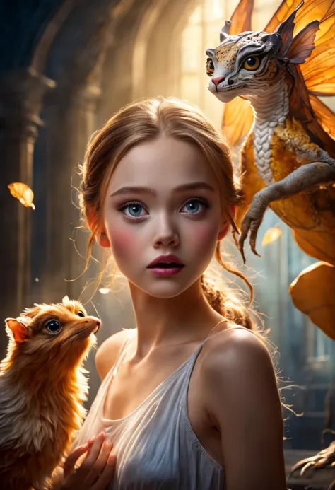 extraordinary (full body) (((( fairy 18 Y.O looking at surprising animal)))) in (extraordinary background on fairy tales) , ( th...