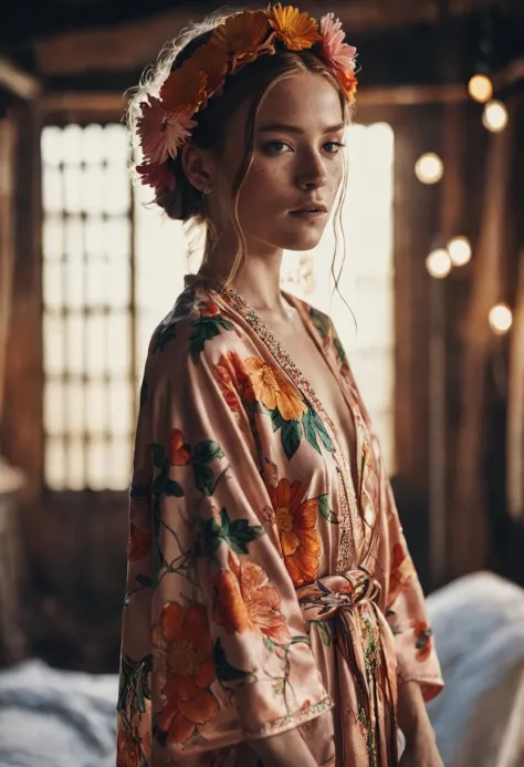 a woman with freckles and Waterfall braid hair with flower headband (full body:1.2) wearing revealing Embroidered kimono robe in...