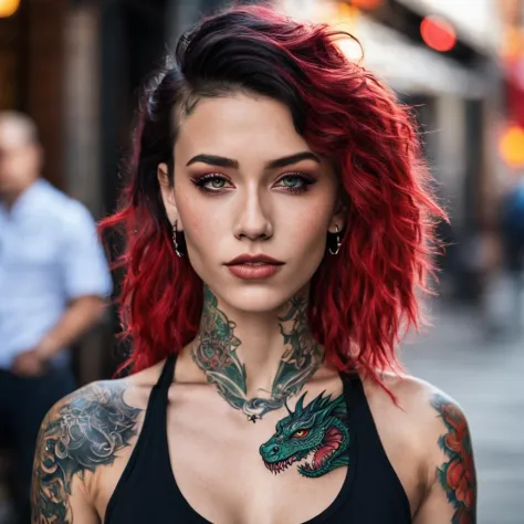 Foto of a beautiful woman with dragon tattoos and a nose piercing, ((Ganzkörperaufnahme)), In New York, schlank, ((Extreme Hautdetails)), HDR, ((ultrarealistisch)), ((Foto)), bokeh, Tiefenschärfe, 8k uhd, dslr, sanfte Beleuchtung, gute Qualität, Fujifilm XT3