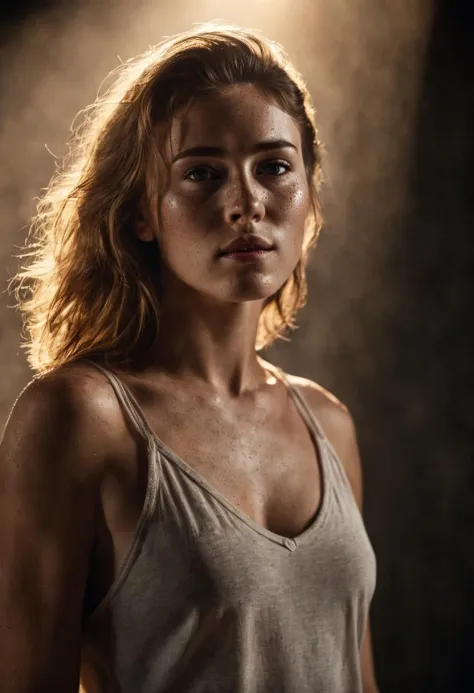 photo of a beautiful woman in a shorts, messy freckles, cinematic, (leaning:1.3), standing under a spot light, volumetric dust, Key light, backlight, soft natural lighting, photography 400 ISO, film grain, 30mm lens RAW aperture f1.8, highly detailed, ((extreme skin detail)), hdr, ((ultrarealistic)), ((photo)), bokeh, depth of field, 8k uhd, dslr, soft lighting, high quality, Fujifilm XT3