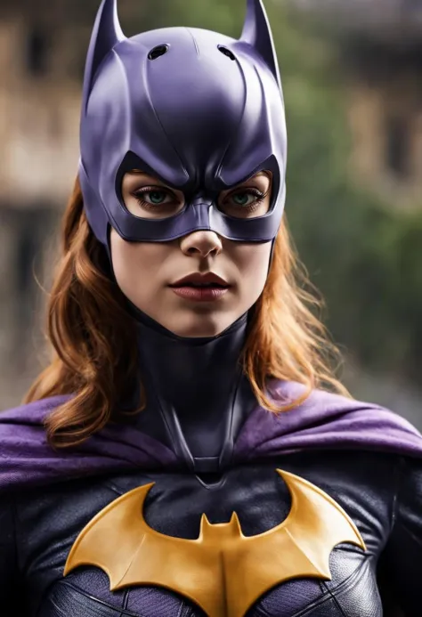 Portrait photo en gros plan de Batgirl, scène atmosphérique, chef-d&#39;œuvre, Meilleure qualité, (beau visage détaillé, détail de la texture de la peau, corps ultra détaillé:1.1),, ((Détails de peau extrêmes)), HDR, ((Ultraréaliste)), ((photo)), bokeh, profondeur de champ, 8k euh, Reflex numérique, éclairage doux, Haute qualité, Fujifilm XT3