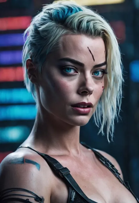 ((Margot Robbie)) as a cyberpunk netrunner, Porträt, cyberpunk, Synthwave, fahren, shadowrun, blade runner, Neon-Tokio, ((3d render)), gute Qualität, Meisterwerk, komplizierte Details