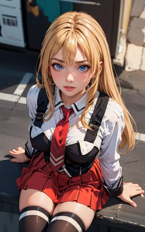 ((masterpiece, best quality)), insaneres, absurdres, solo, outdoors,
CLOTHING_BibleBlack_SchoolDress_ownwaifu, 
1girl, blonde hair,  long hair, blue eyes, 
black vest, red skirt, white shirt, collared shirt, suspenders, school uniform, black thighhighs, zettai ryouiki, necktie, long sleeves, pleated skirt, red necktie, 
(from above, sitting)<lora:CLOTHING_BibleBlack_SchoolDress_ownwaifu:0.9>,
lens flare, depth of field, bokeh, embers, vanishing point, looking at viewer,