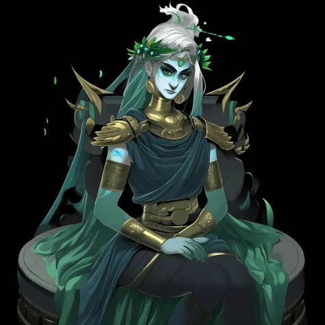 H2Style, Stylized, Fantasy, flowing dress, ornate, mythological theme, golden pauldrons, battle scars, dark greenish tint, glowing ornaments, bracelets, black armor, androgynous, archer, relaxed, laurel wreath, dark, Green hair, blue face paint, White hair, lying down, clenched fist, Persephone, Eris, intricate clothing, flower petals, gold and blue armor