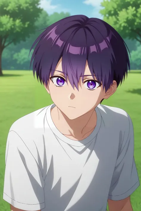 a close up of a person with purple hair and a white shirt