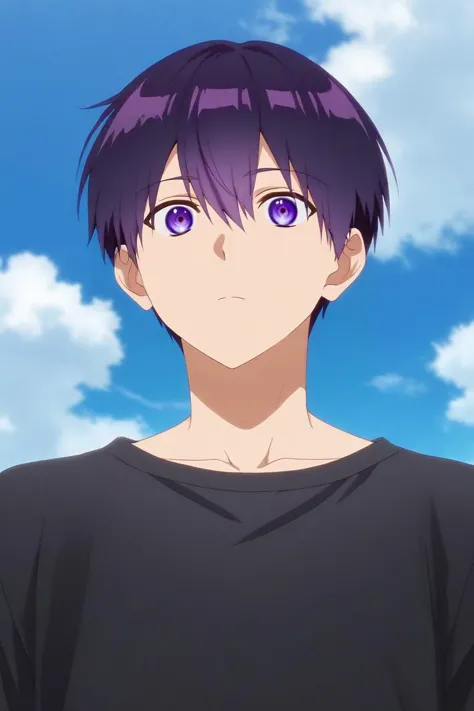 a man with purple hair and blue eyes standing in front of a blue sky