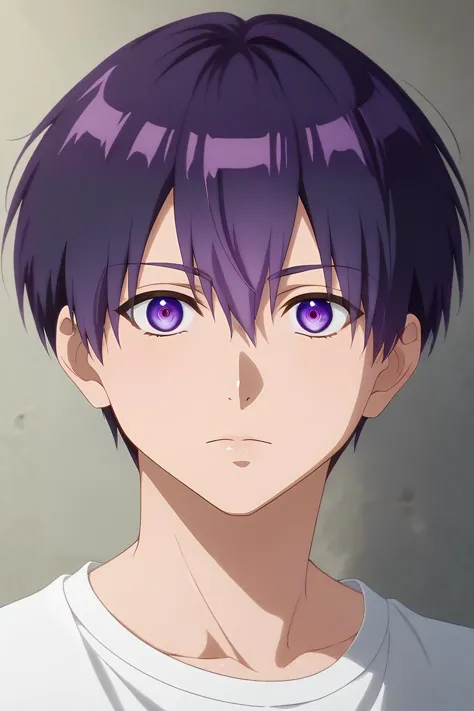 a close up of a person with purple hair and a white shirt