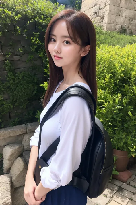 a close up of a woman with a backpack standing in front of a stone wall