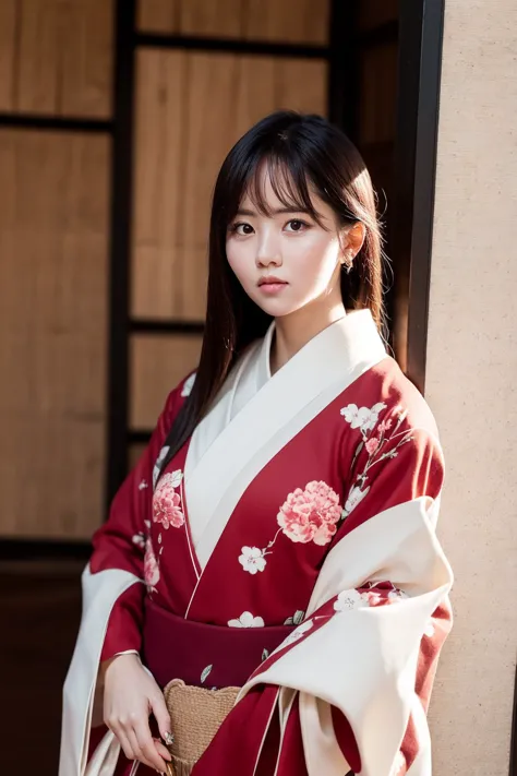 masterpiece, best quality,closed mouth, looking at viewer, alluring, clean, beautiful face, pure face, pale skin, little smile, a woman in a kimono standing in a room with a door open and looking at the camera with a serious look on her face, with a serious look on her face