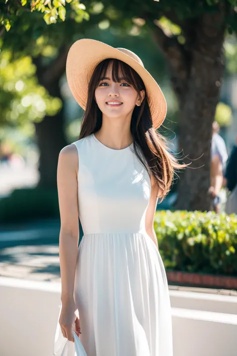 a woman in a white dress and hat is standing on a sidewalk