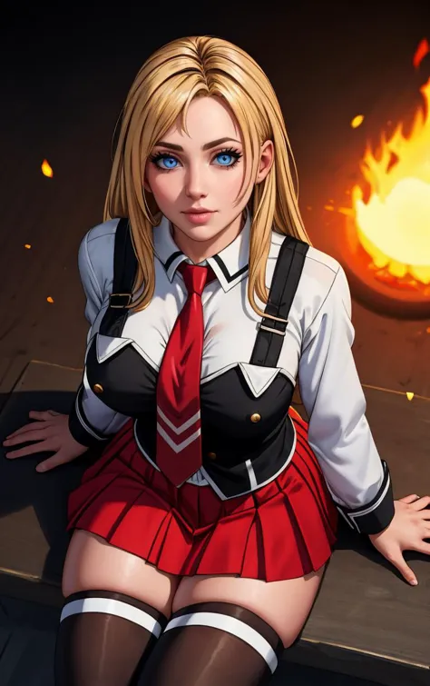 ((masterpiece, best quality)), insaneres, absurdres, solo, outdoors,
CLOTHING_BibleBlack_SchoolDress_ownwaifu, 
1girl, blonde hair,  long hair, blue eyes, 
black vest, red skirt, white shirt, collared shirt, suspenders, school uniform, black thighhighs, zettai ryouiki, necktie, long sleeves, pleated skirt, red necktie, 
(from above, sitting)<lora:CLOTHING_BibleBlack_SchoolDress_ownwaifu:0.9>,
lens flare, depth of field, bokeh, embers, vanishing point, looking at viewer,