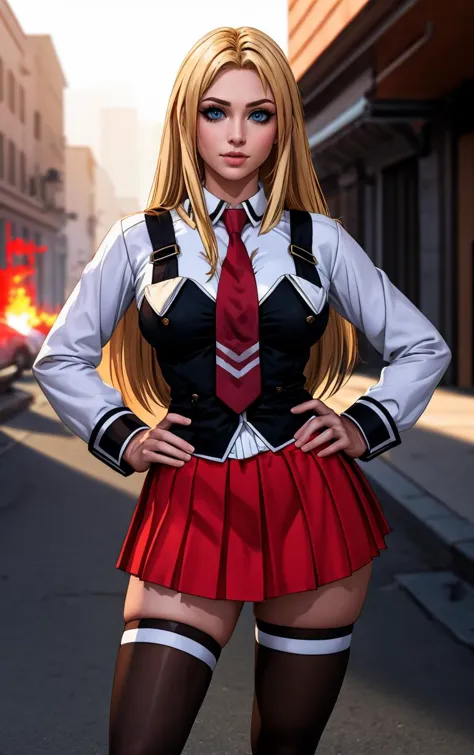 ((masterpiece, best quality)), insaneres, absurdres, solo, outdoors,
CLOTHING_BibleBlack_SchoolDress_ownwaifu, 
1girl, blonde ha...