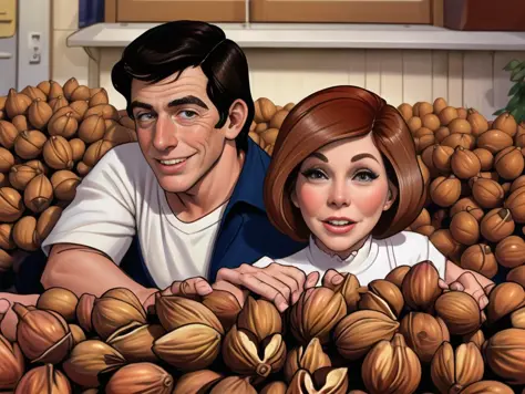 Young Dick Van Dyke and Young Mary Tyler Moore in a giant pile of walnuts