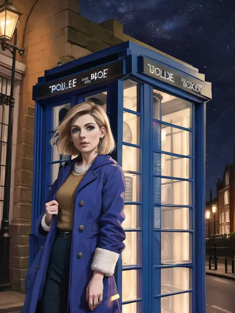 Jodie Whittaker, Doctor Who, TARDIS, time portal in the sky, streets of London, nighttime,