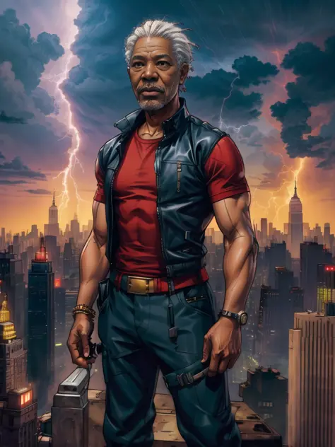 morgan freeman is god, thunder and lightning, standing atop a the empire state building,