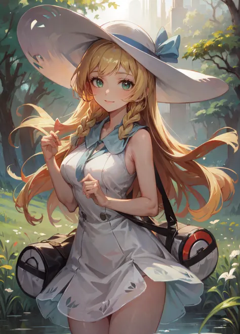 (masterpiece, best quality, ultra detailed, beautiful illustration), (oil painting:1.4), atmospheric perspective, (peaceful atmosphere, elaborate atmosphere:1.4), depth of field, looking at viewer, beautiful detailed eyes, <lora:lillie:1>, 1girl, cowboy shot, dynamic pose, dynamic angle, (huge breasts), lillie \(pokemon\), sun hat, blue ribbon, blonde hair, long hair, twin braids, blunt bangs, green eyes, bare arms, sleeveless dress, collared dress, sun dress, duffel bag, poke ball theme, smile, (outdoors:1.5, grassland, distant lake),