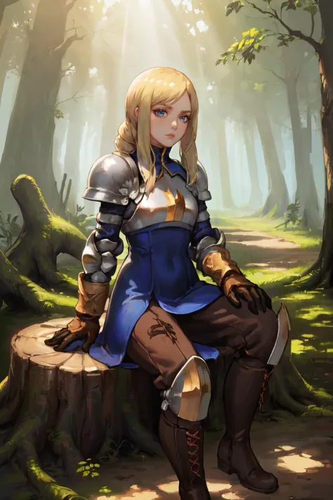 (masterpiece,best quality,absurdres,beautiful,sharp,detailed),outside,dappled sunlight,tree stump,sitting, ,1girl,agrias,armor, ...