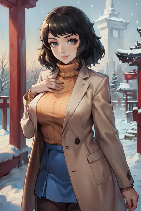 (masterpiece, best quality, ultra detailed, beautiful illustration), atmospheric perspective, depth of field, beautiful detailed eyes, anime eyes:1.4, looking at the viewer, (cowboy shot), sexy pose, dynamic angle, (outdoors, japanese shrine, winter, snow), 1girl, smile, (huge breasts), <lora:skp5-guy-v2:1>, skp5, bangs, sweater, turtleneck sweater, skirt, pantyhose, blue skirt, fallow coat, brown sweater, fallow coat, ribbed sweater, (hand on own chest),