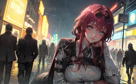 anime girl with red hair and goggles sitting on a bench in a busy city