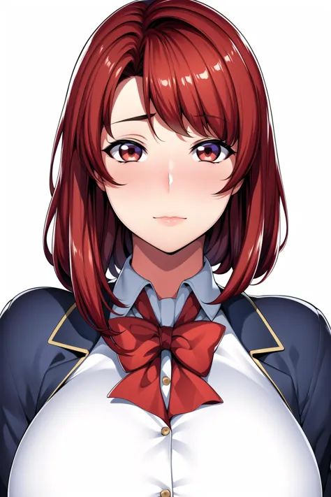 a woman with red hair and a white shirt and a red bow