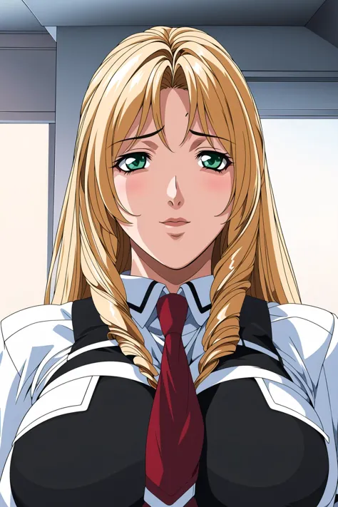 anime girl with long blonde hair and a red tie