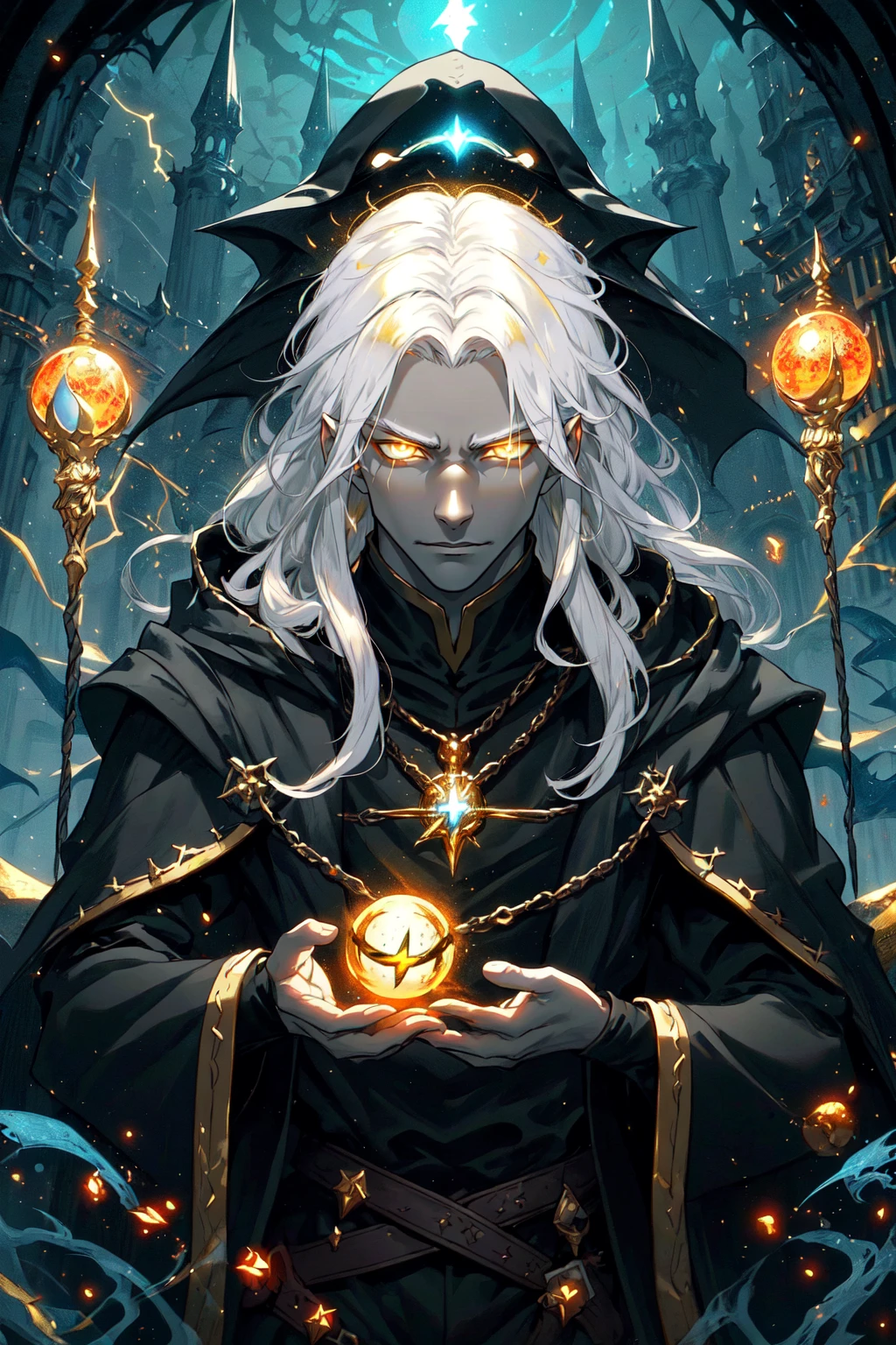 Raistlin Majere, 1boy, male focus, solo, colored skin, gold accent, yellow skin, glowing eyes, glowing, shiny skin, pale, sunken eyes, wizard, white hair, long hair, long sleeves, black cloak, magic, underworld scene, outdoors, dungeon theme, lightning, LUT like a movie,  portrait, godlike features, evil 