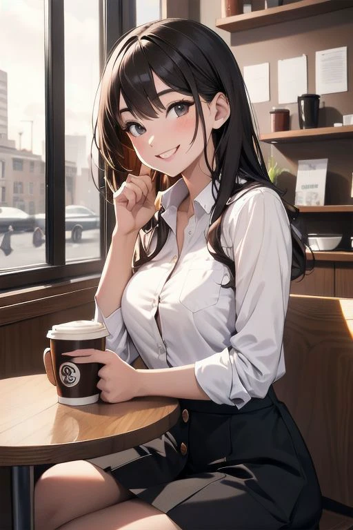 1 chica, sentado en una cafeteria, gran sonrisa, taza de café en la mano, falda, abotonar la camisa