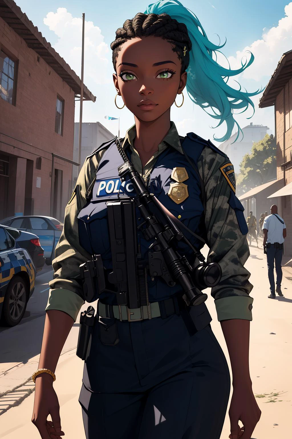 (high quality, best quality, highres, masterpiece:1.2), (futuristic africa, african:1), (1girl, woman, bored face:1.1), (traditional sniper, wearing ghillie suit:1), (aqua_hair, long_hair, high_ponytail:1), (constricted_pupils:1), (entering idyllic police station:1.1), (perfect, dazzling, detailed:1.4)