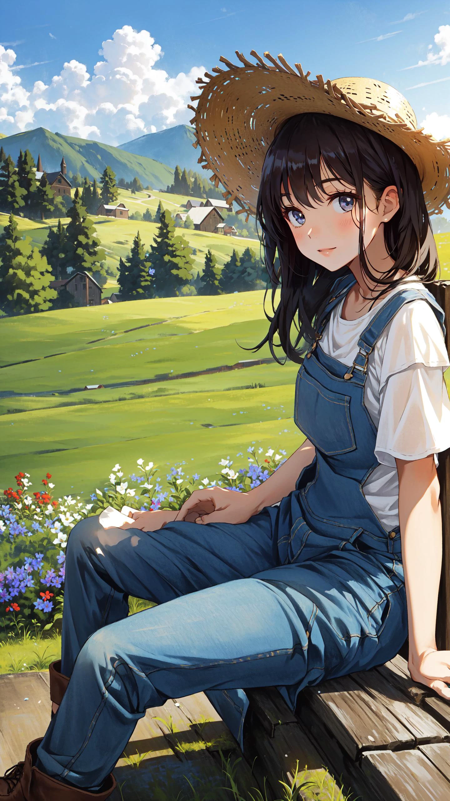 (Layered Depth, Parallax Effect, Soft focus foreground:1.3) (quaint countryside setting, summer day), young adult woman, rustic casual summer fashion, (sitting on a wooden fence), thoughtful and serene pose, shoulder-length curly hair, light, sun-kissed makeup, (denim overalls over a simple white tshirt), comfortable boots, (holding a straw hat), (background: rolling hills, a distant barn, wildflowers), soft sunlight, (sense of relaxation and connection with the rural landscape)
