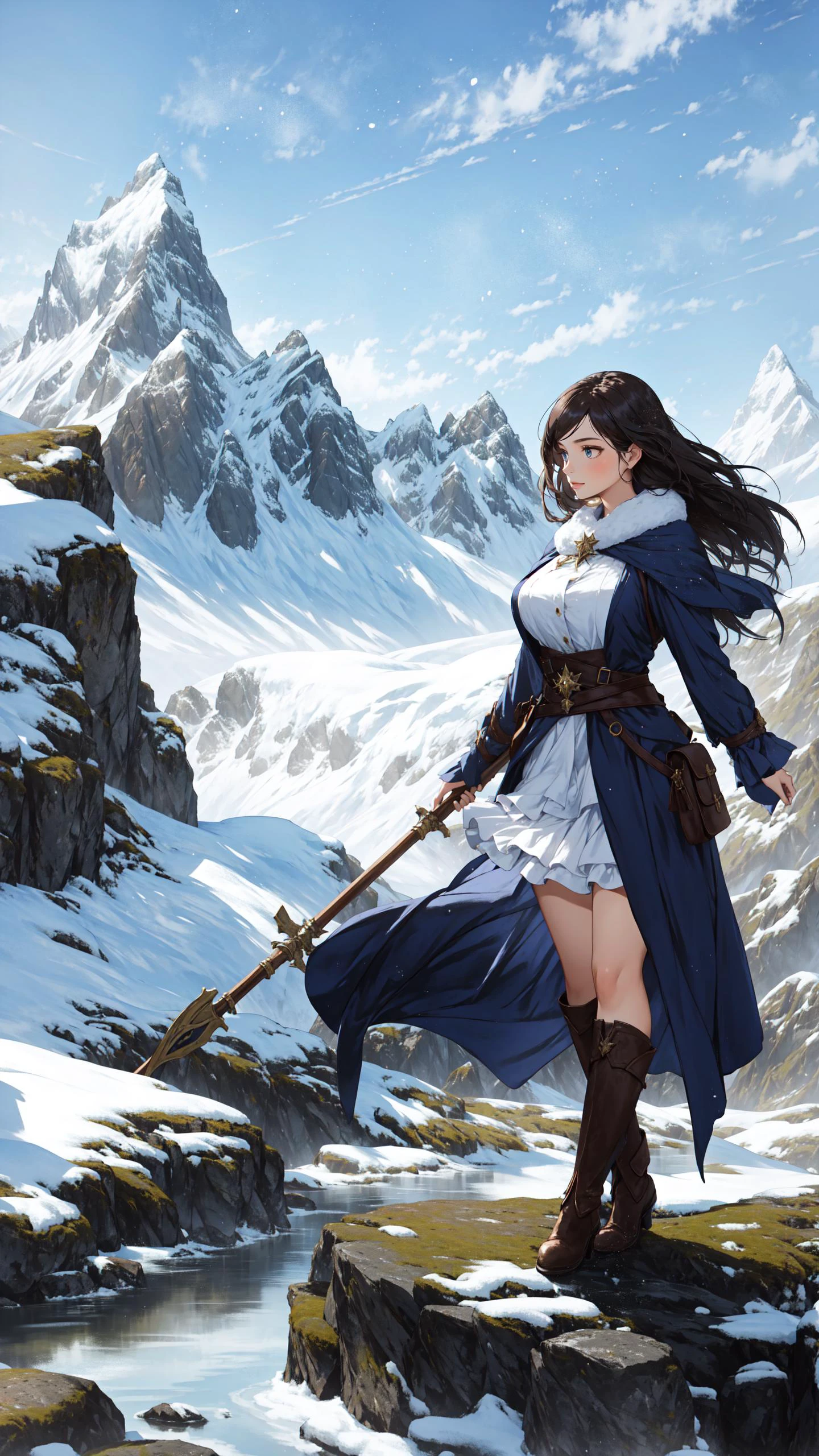(Layered Depth, Parallax Effect, Soft focus foreground:1.3) (clothed, masterpiece, wide angle, cinematic establishing shot, young adult european woman, highly detailed background:1.2), volumetric lighting, subsurface scattering, dynamic pose, (special effects, color grading, fantasy aura), (Mountain Witch:1.4), (Cleavage, Large Covered Breasts:0.81), Snowcapped peaks, windswept hair, runeinscribed staff, mystical raven