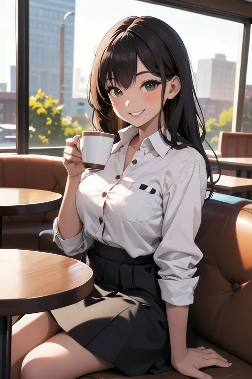 1สาว, นั่งอยู่ในร้านกาแฟ, ยิ้มกว้าง, ถ้วยกาแฟในมือ, กระโปรง, ปุ่มขึ้นเสื้อ
