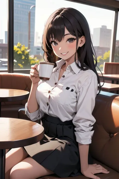 1girl, sitting in a coffee shop, big smile, coffee cup in hand, skirt, button up shirt