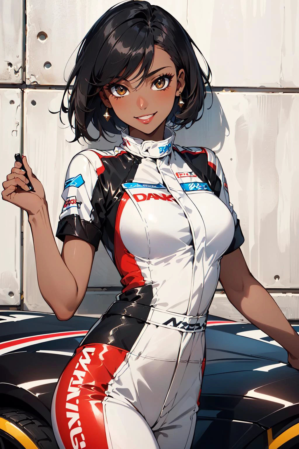 (masterpiece, best quality, hires, high resolution:1.2), (beautiful, aesthetic, perfect, delicate, intricate:1.2), (depth of field:1.2), (1girl, solo), (mature woman), (dark skin, black skin, ebony:1.4), (a sexy racing driver leaning against a wall), (full lips, glossy lips), (short hair), (smiling), (racing pilot uniform), (cowboy shot),