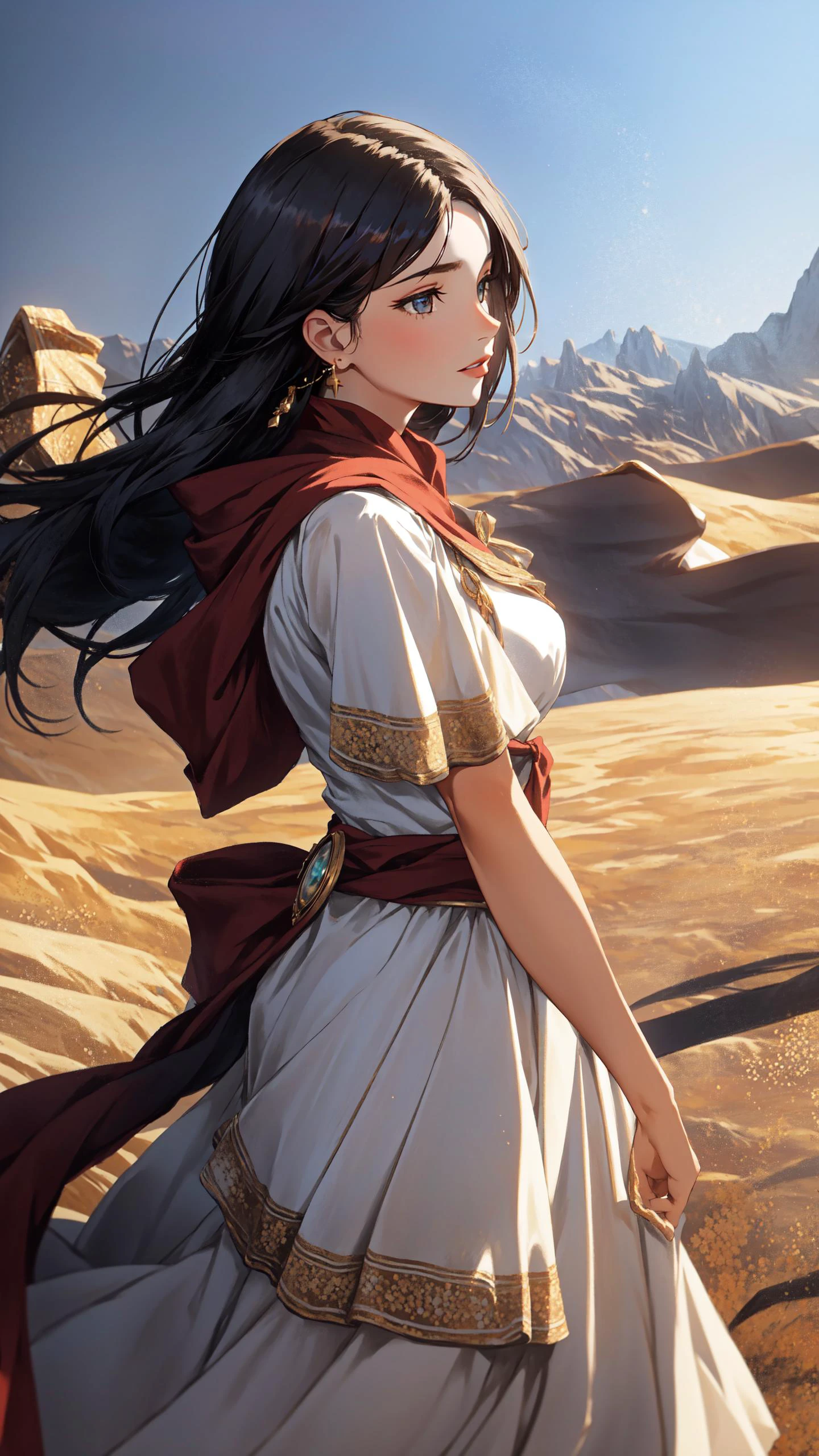 (Layered Depth, Parallax Effect, Soft focus foreground:1.3) (clothed, masterpiece, wide angle, cinematic establishing shot, young adult european woman, highly detailed background:1.2), volumetric lighting, subsurface scattering, dynamic pose, (special effects, color grading, fantasy aura), (Desert Oracle:1.4), (Cleavage, Large Covered Breasts:0.81), Sundrenched dunes, oracle robes, shimmering mirages, sacred amulets