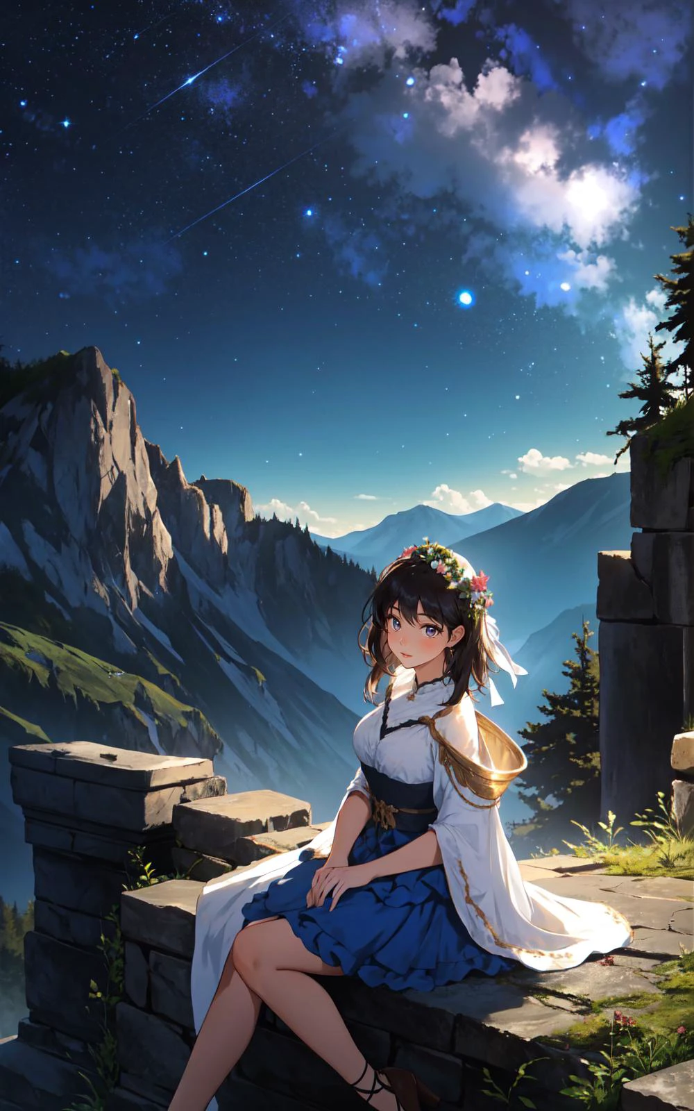 (Layered Depth, Parallax Effect, Soft focus foreground:1.3) (1girl, perfect seductive young woman Discovering an Ancient Artifact Atop a Mountain:1.3) mystical artifact on a mountaintop, surrounded by ancient ruins, under a canopy of stars, the artifact glowing with an otherworldly light.