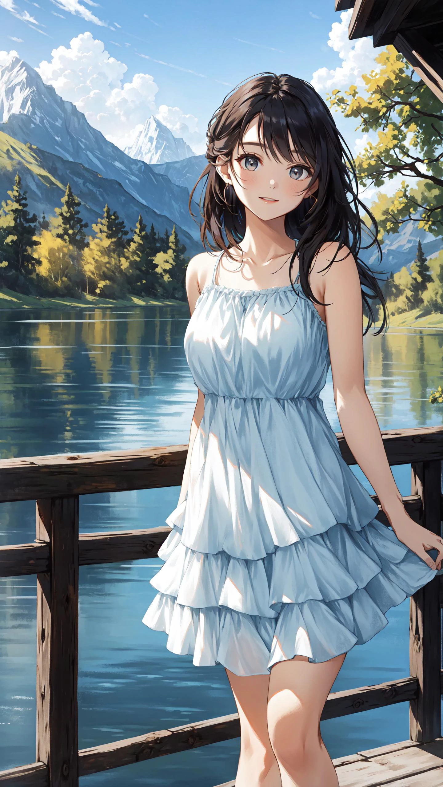 (Layered Depth, Parallax Effect, Soft focus foreground:1.3) (scenic outdoor lake setting), (sunlit pier), young adult woman, casual summer fashion, ((dipping legs into the lake)), relaxed pose, breezy hairstyle, subtle makeup, (lightweight fabric, flowing dress), nature-inspired colors, serene expression, (background: lush greenery, distant mountains), warm afternoon light, (sense of tranquility and connection with nature)