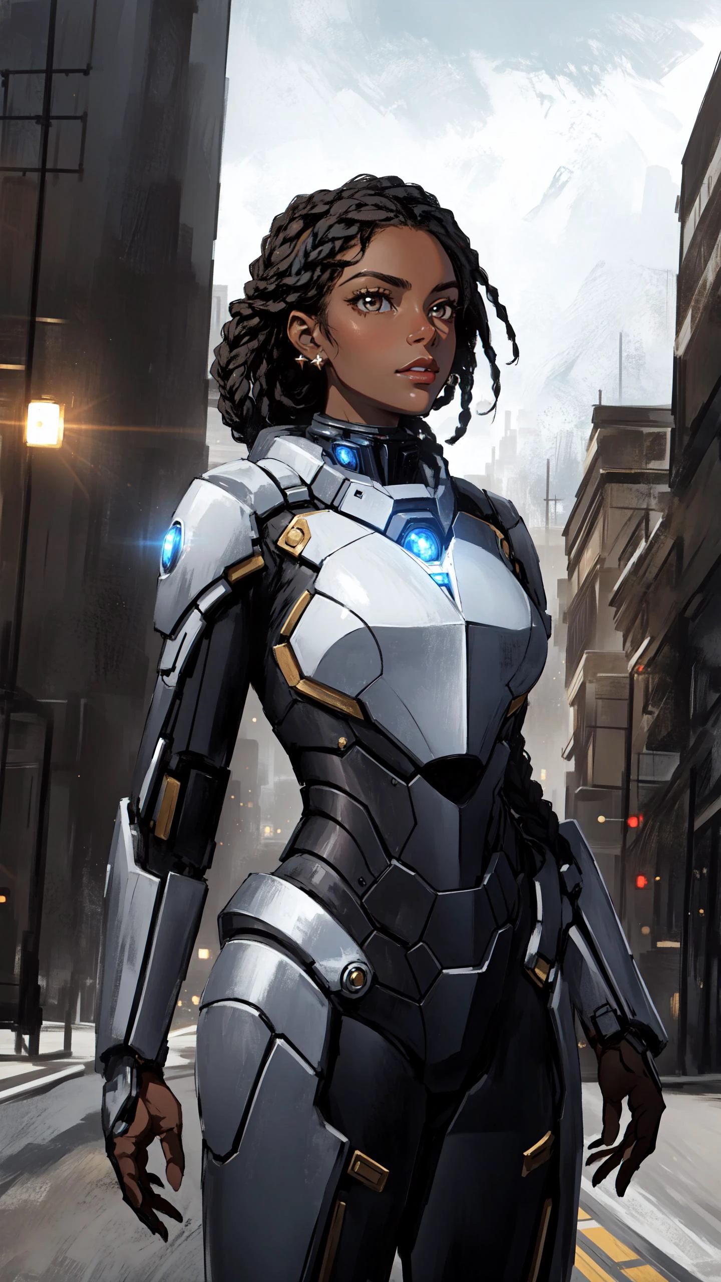 (Layered Depth, Parallax Effect, Soft focus foreground:1.3) (style of Annie Leibovitz), (intense dramatic lighting), ((darkskinned woman in scifi militarystyle uniform standing in front of mechatank)), sharp angles, embellished with intricate gold braiding and medals, commanding posture, (dystopian cityscape in the background), ominous clouds, deep shadows, sense of urgency and power,