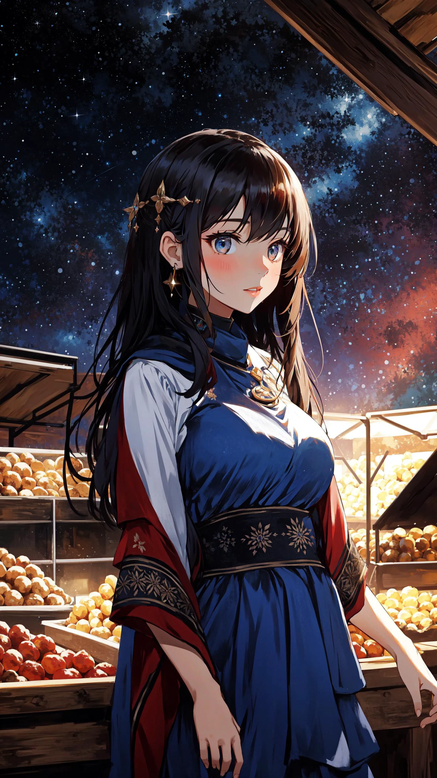 (Layered Depth, Parallax Effect, Soft focus foreground:1.3) (1girl, perfect seductive young woman Interstellar Market Scene:1.3), iridescent storm clouds, bustling interstellar market set on a distant planet, a tapestry of alien cultures, exotic foods, and colorful bazaars