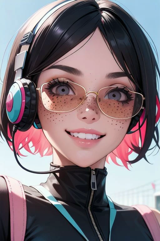 1girl, close up face, very messy short hair, freckles across bridge of nose and cheekbones, huge flirty smile, sunglasses with colored lenses, big chunky headphones