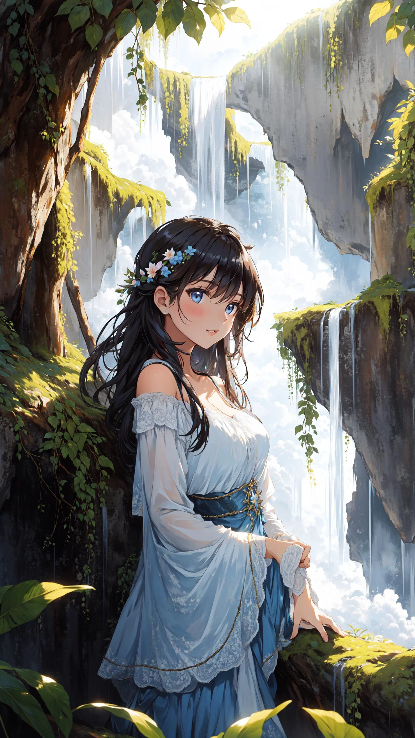 (Layered Depth, Parallax Effect, Soft focus foreground:1.3) (1girl, perfect seductive young woman Discovering a Hidden Sanctuary in the Clouds:1.3), sanctuary floating amidst the clouds, ethereal and hidden, with hanging gardens, flowing waterfalls, and pathways lit by bioluminescent flora.