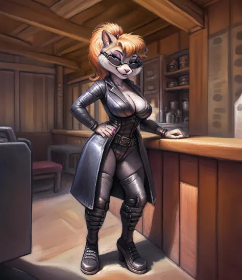 this image depicts Berri wearing a (heist outfit), sunglasses, standing in a diner, anthro, clothing, full-length portrait, looking at viewer, solo, inside, detailed background, by kenket, by patacon, extremely detailed, detailed shading, volumetric lighti...