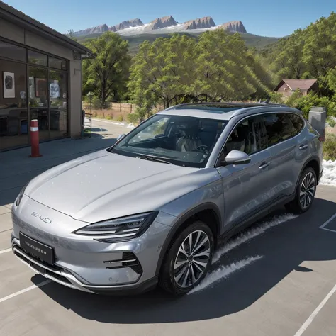 a silver suv driving through a parking lot with mountains in the background