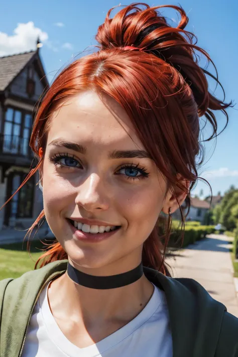 frankiefoster, blue eyes, red hair, ponytail, choker, hairclip, hair ornament, piercing, white shirt, green jacket, looking at v...