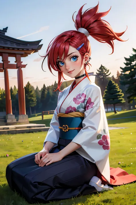 frankiefoster, blaue Augen, Rote Haare, Pferdeschwanz, Haarklammer, Haarverzierung, HALSBAND, Piercing, traditioneller Kimono, Schärpe, lange Ärmel, Betrachter betrachten, ernst, lächelnd, Sitzung, auf Gras, seiza, Schrein, red torii, Bäume, rosa Himmel, gute Qualität, Meisterwerk,  