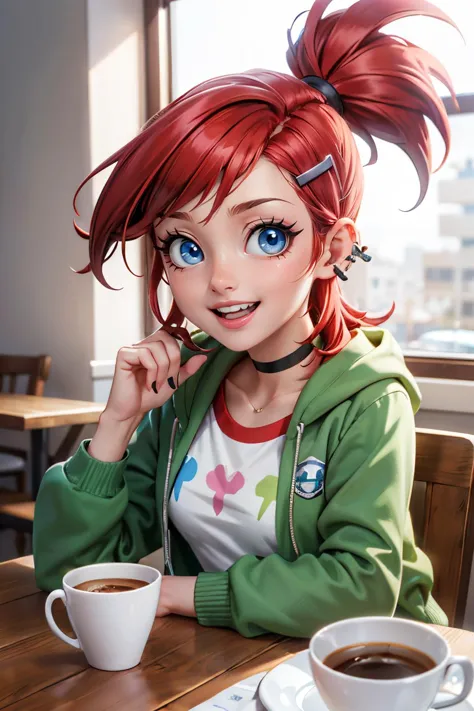 frankiefoster, blue eyes, red hair, ponytail, hair clip, hair ornament, choker, piercing, white shirt, green jacket, midriff, looking at viewer, smiling, happy, teeth, upper body shot, sitting, behind a table, inside cozy cafe, drinking espresso, soft lighting, high quality, masterpiece,  <lora:frankiefoster-guy-301:.8>