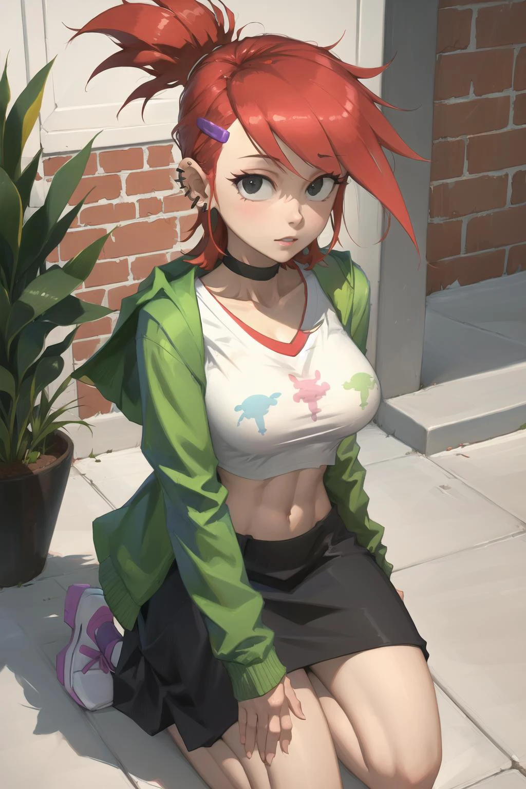 (masterpiece, best quality:1.2), frankie foster, 1girl, breasts, solo, navel, piercing, skirt, ear piercing, red hair, large breasts, black eyes, green jacket, hair ornament, hairclip, midriff, jacket, choker, shirt, black choker, cropped shirt, purple skirt, white shirt, crop top, ponytail, long sleeves, jewelry, earrings, print shirt, open clothes, bangs, short hair, from above, close-up, kneeling, outdoors