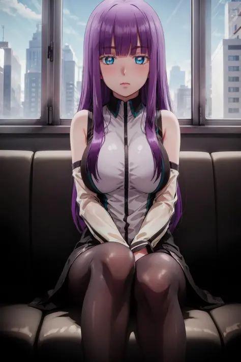 best quality, masterpiece, 1girl, <lora:mira_suou_omni_v1:0.7>mira suou, blush, purple hair, blue eyes, detached sleeves, pantyhose, sitting on a couch, office, window, sky,  <lora:more_details:0.2>