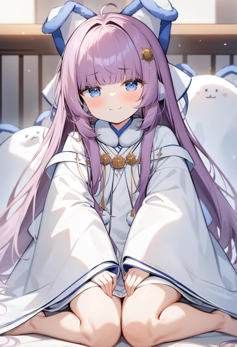 anime girl with long purple hair sitting on bed with white sheets